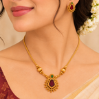 Aarvika Gold-Tone Traditional Necklace Set with Red Green Stones