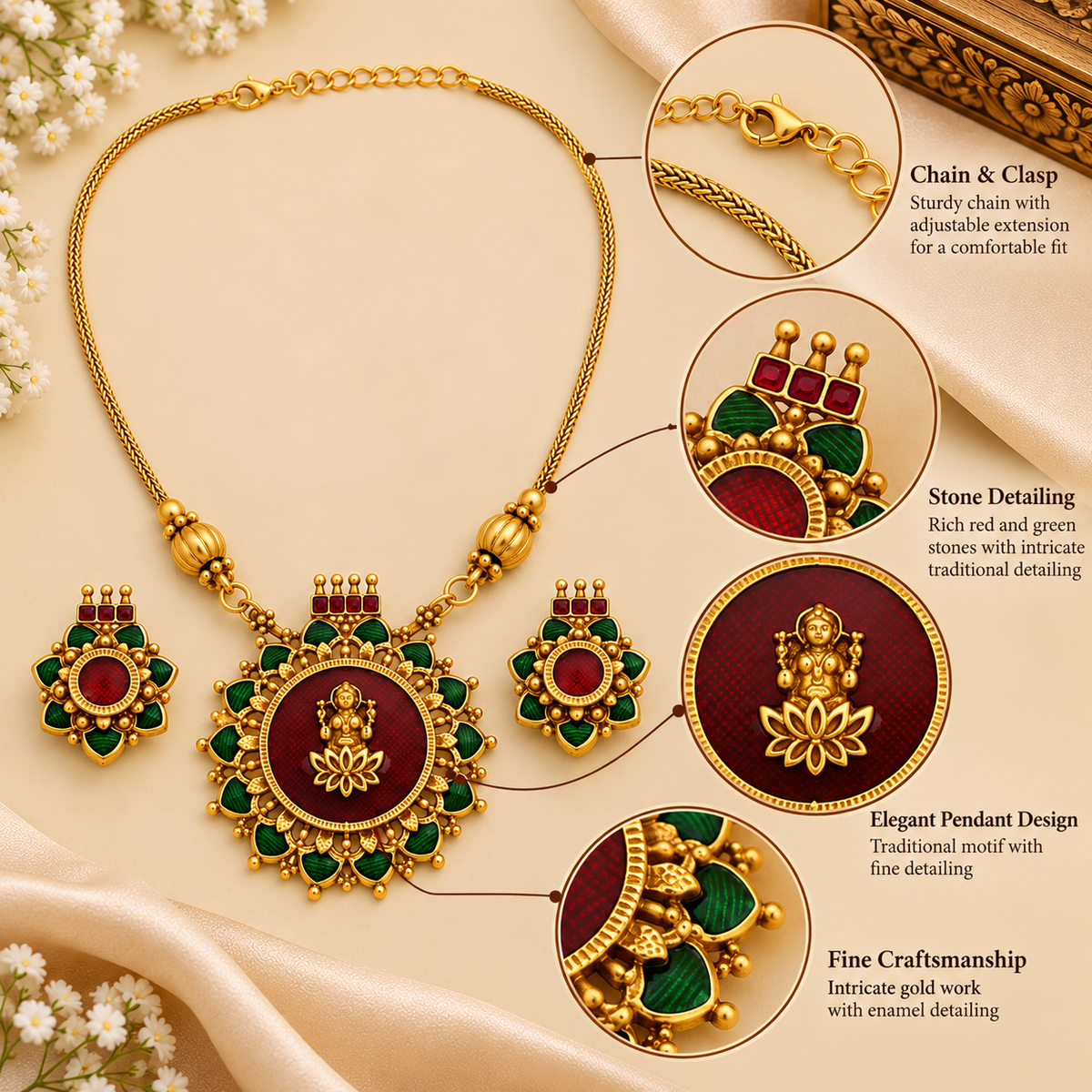 Aarvika Antique Gold Tone Lakshmi Pendant Necklace Set