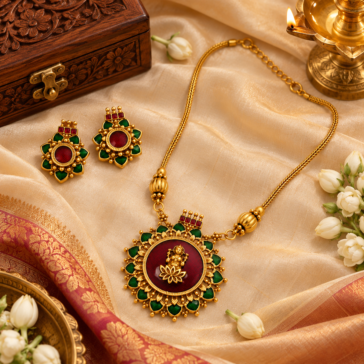 Aarvika Antique Gold Tone Lakshmi Pendant Necklace Set