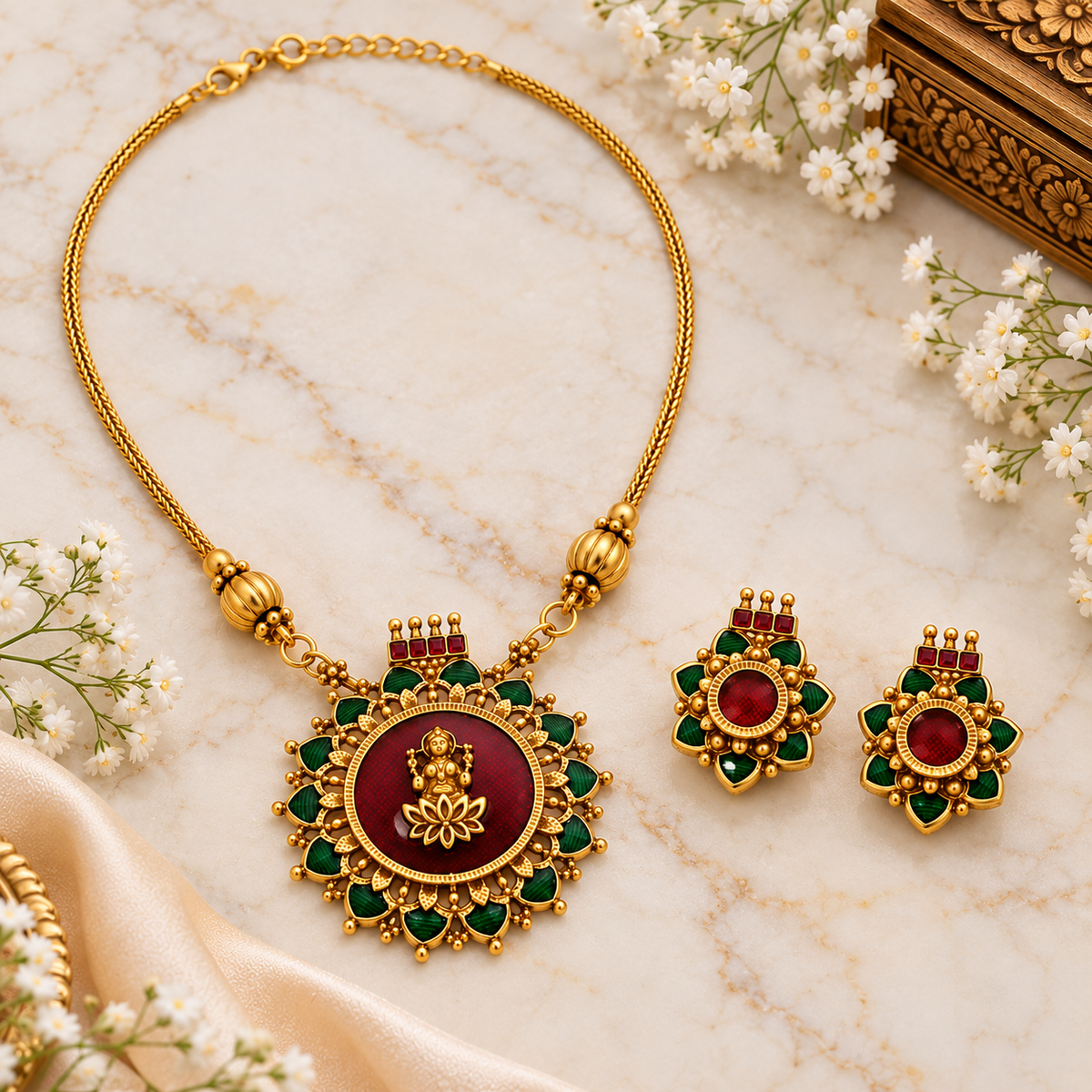 Aarvika Antique Gold Tone Lakshmi Pendant Necklace Set