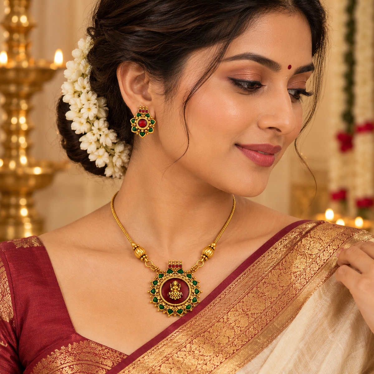 Aarvika Antique Gold Tone Lakshmi Pendant Necklace Set