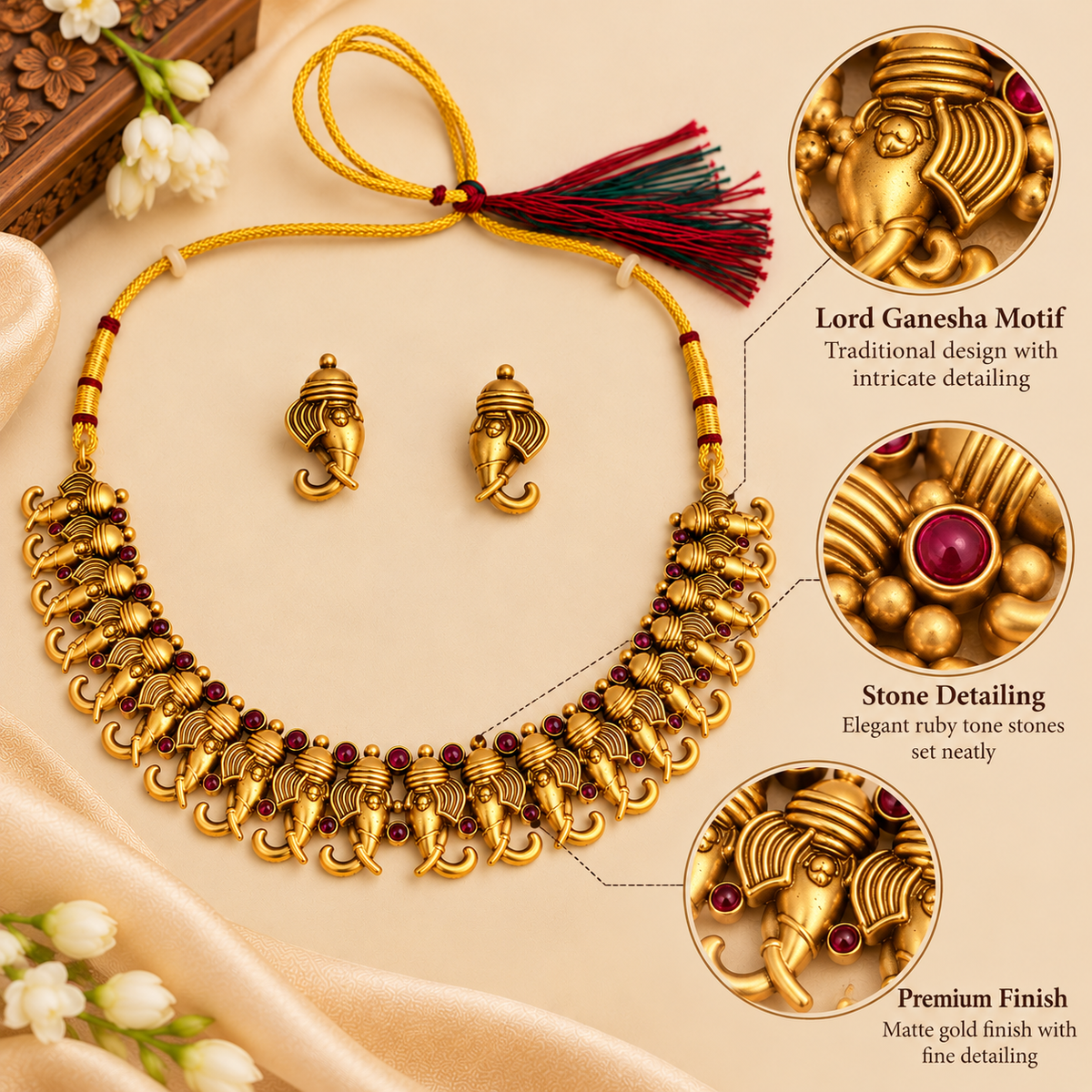 Aarvika Elephant Motif Necklace Set with Ruby Red Stones