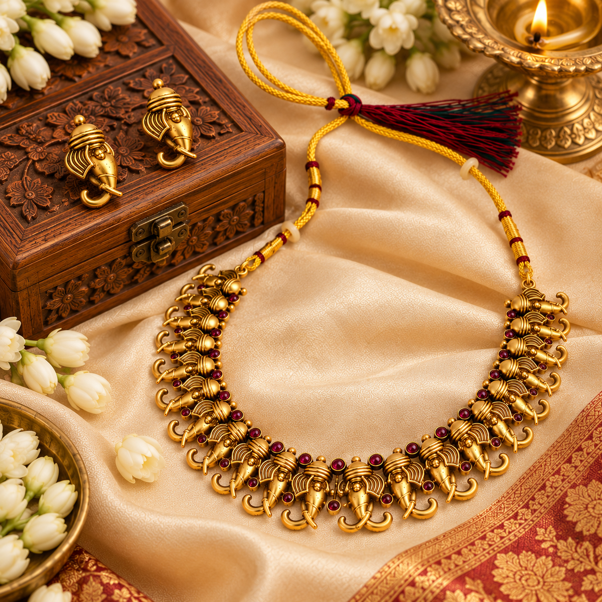 Aarvika Elephant Motif Necklace Set with Ruby Red Stones