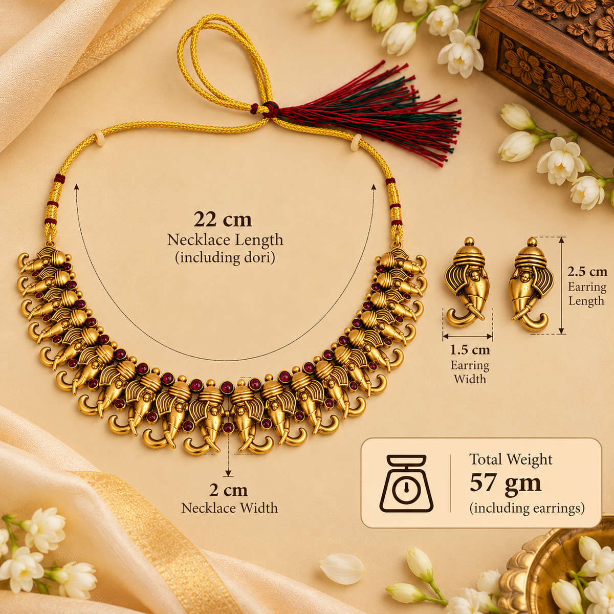 Aarvika Elephant Motif Necklace Set with Ruby Red Stones