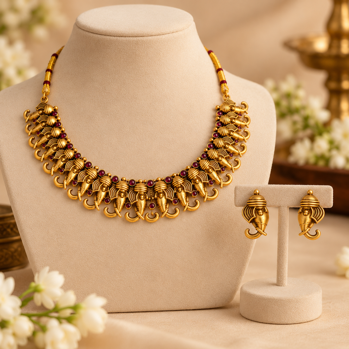 Aarvika Elephant Motif Necklace Set with Ruby Red Stones