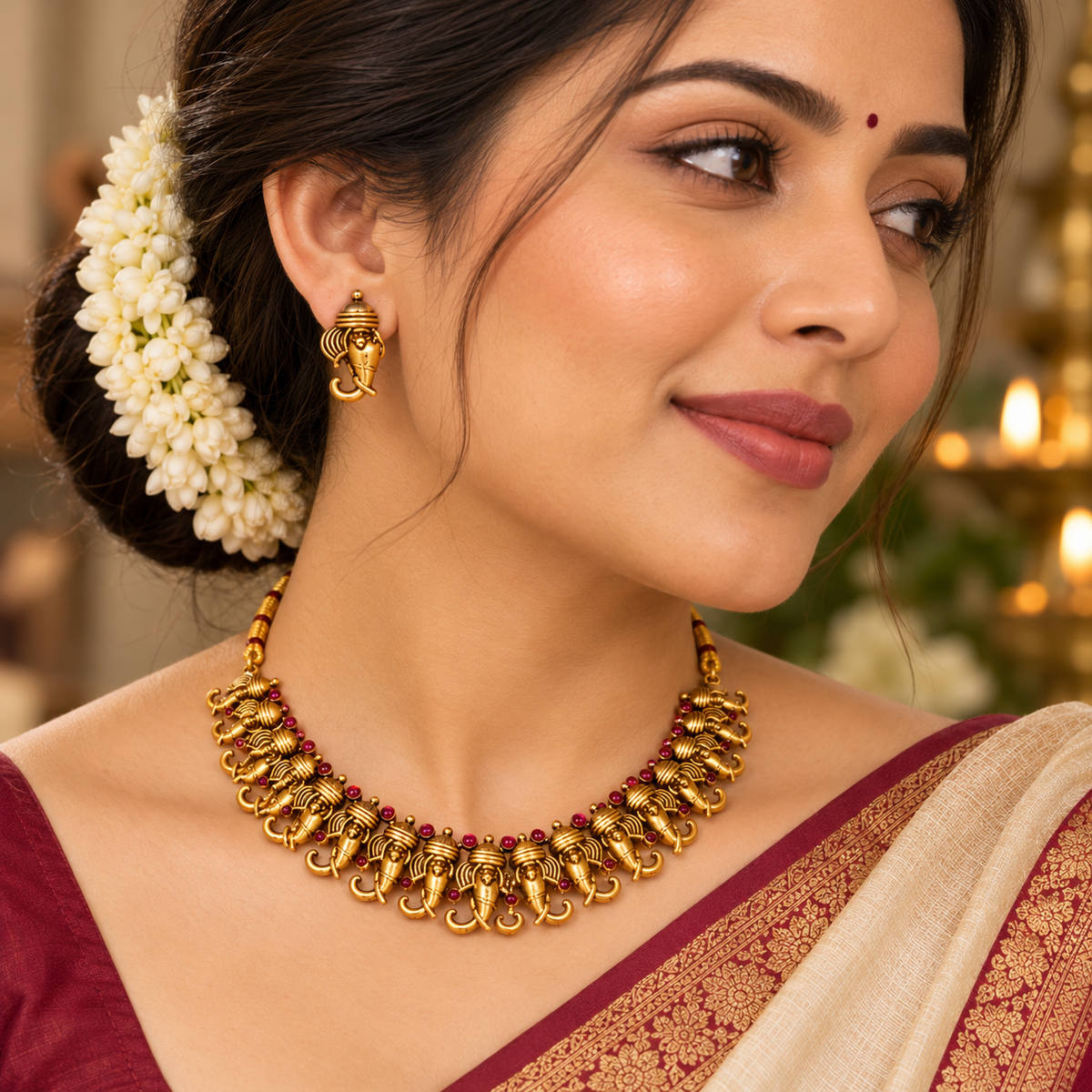 Aarvika Elephant Motif Necklace Set with Ruby Red Stones