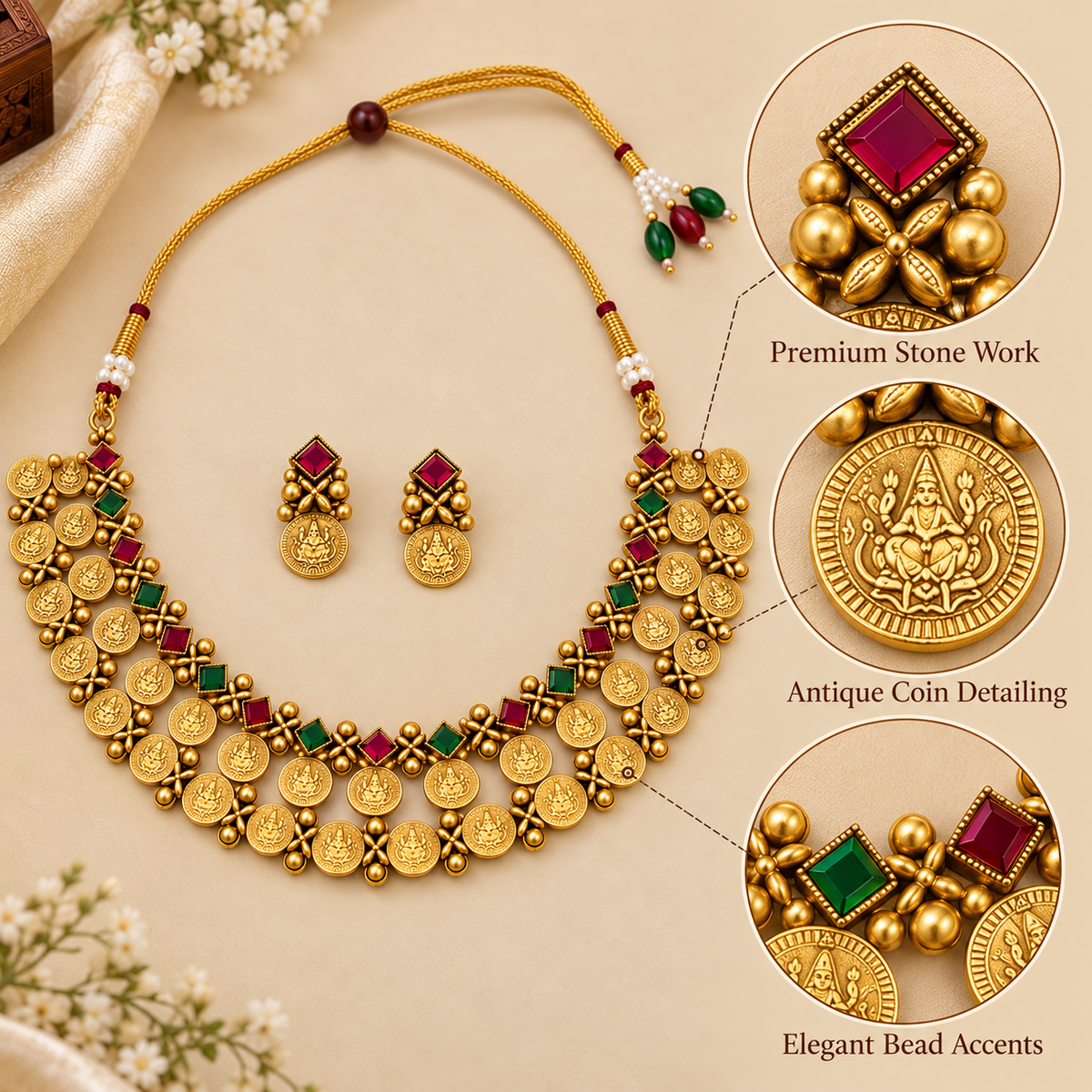 Aarvika Traditional Coin Necklace Set with Antique Gold Finish