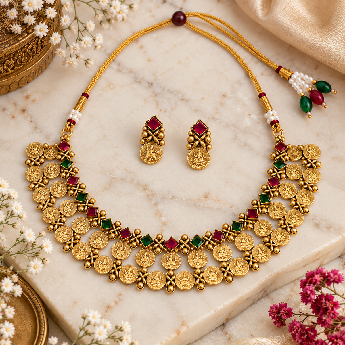 Aarvika Traditional Coin Necklace Set with Antique Gold Finish