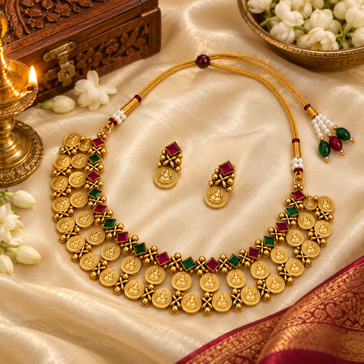 Aarvika Traditional Coin Necklace Set with Antique Gold Finish