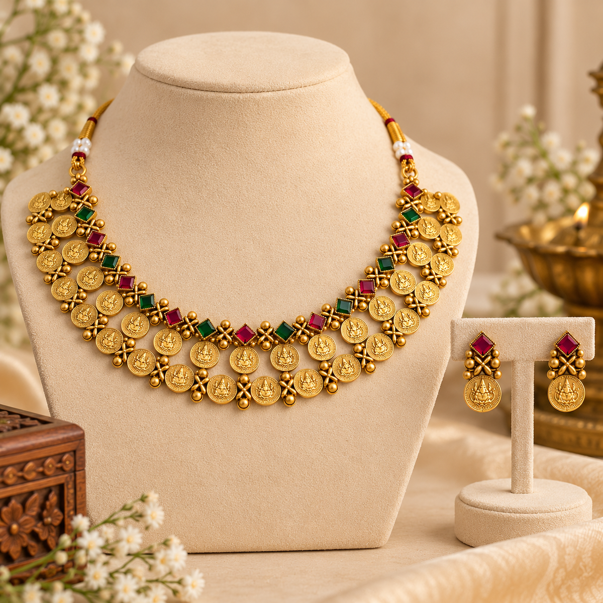 Aarvika Traditional Coin Necklace Set with Antique Gold Finish