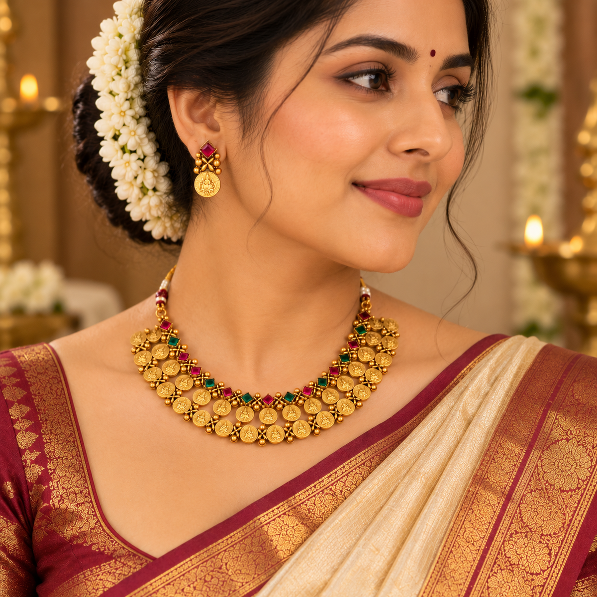 Aarvika Traditional Coin Necklace Set with Antique Gold Finish