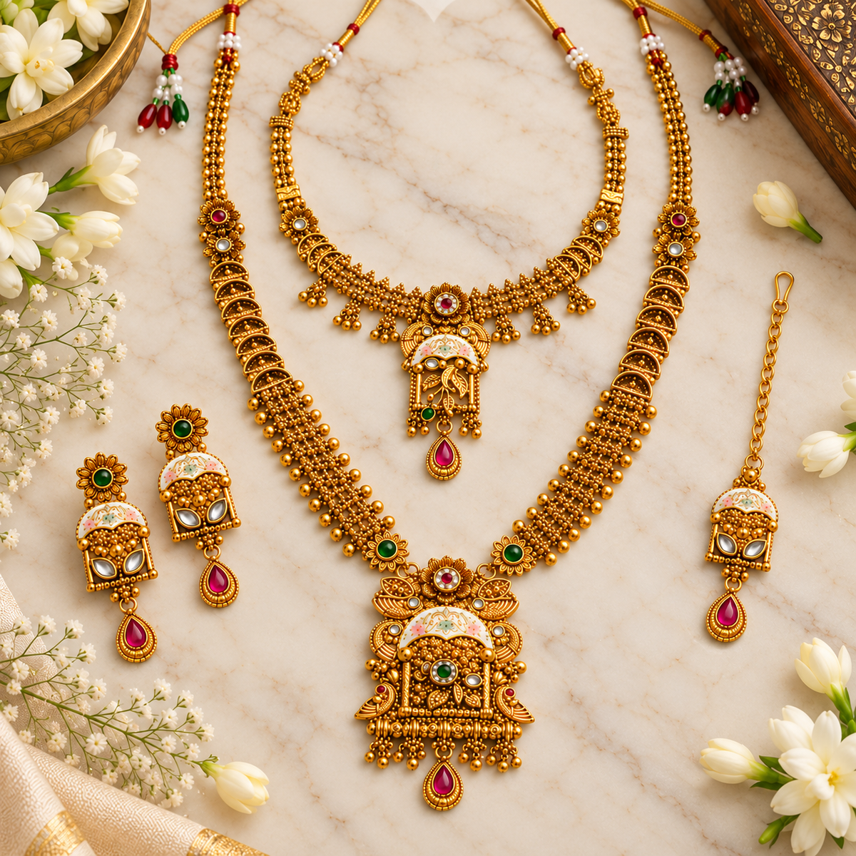 Aarvika Traditional Temple Jewellery Set Antique Gold Tone