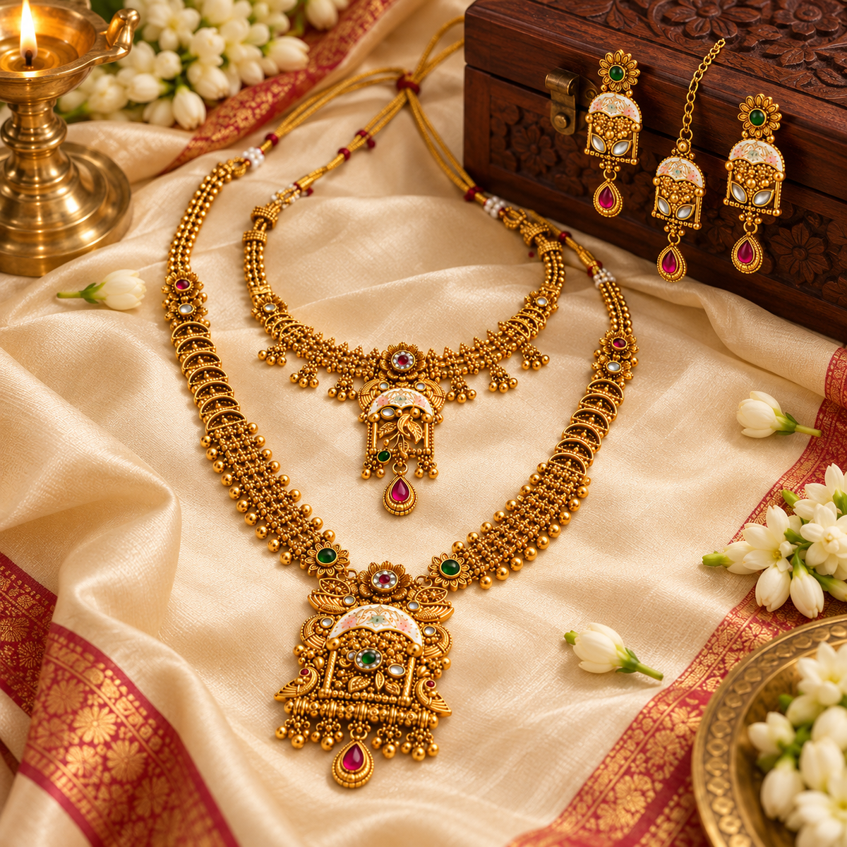 Aarvika Traditional Temple Jewellery Set Antique Gold Tone