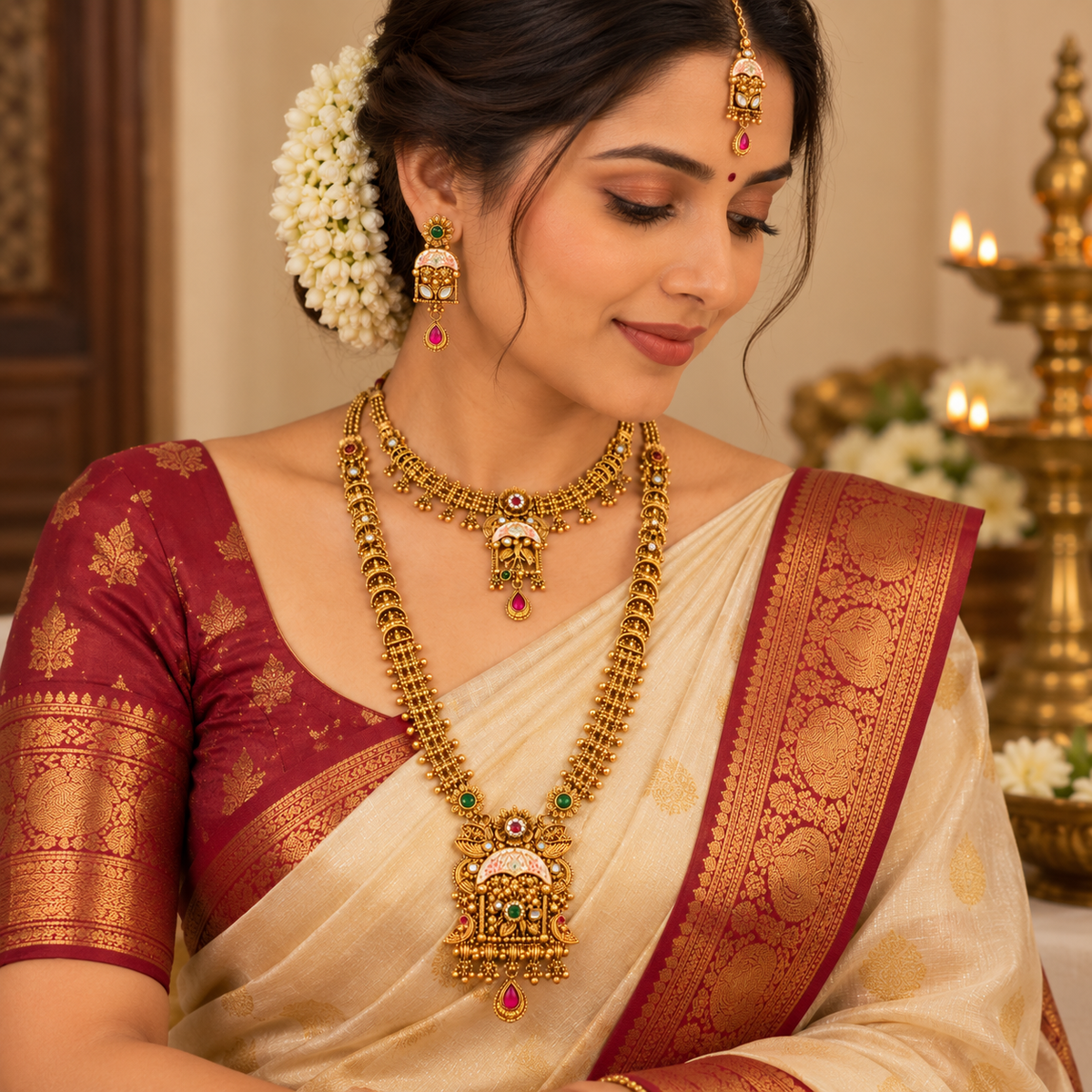 Aarvika Traditional Temple Jewellery Set Antique Gold Tone