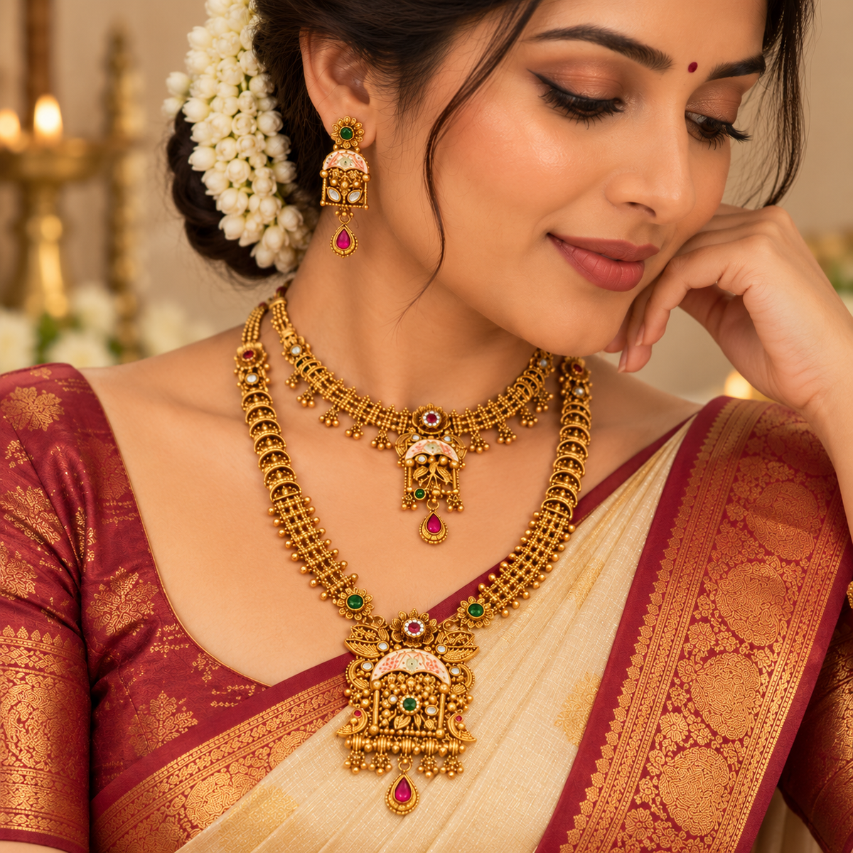 Aarvika Traditional Temple Jewellery Set Antique Gold Tone