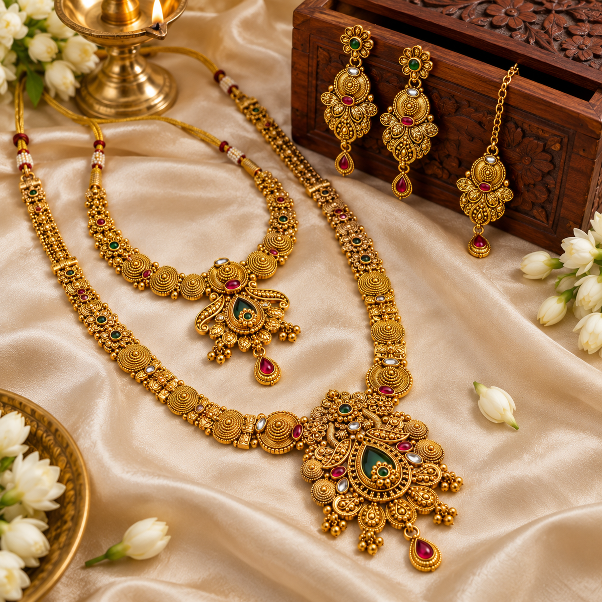 Aarvika Traditional Temple Jewellery Set with Long & Short Necklace
