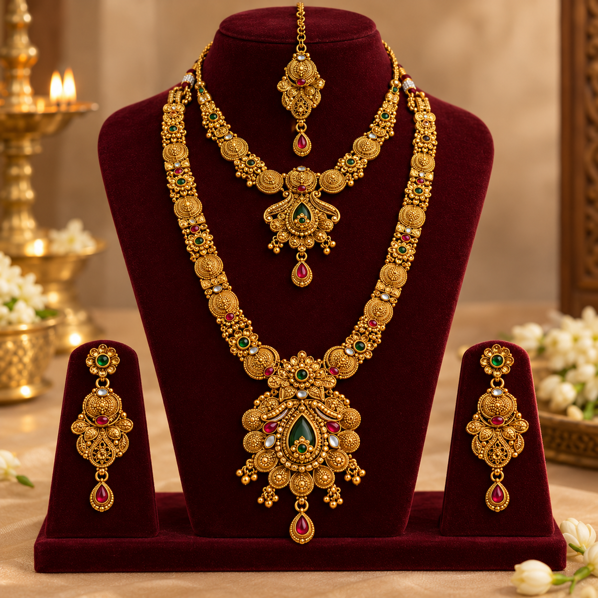 Aarvika Traditional Temple Jewellery Set with Long & Short Necklace