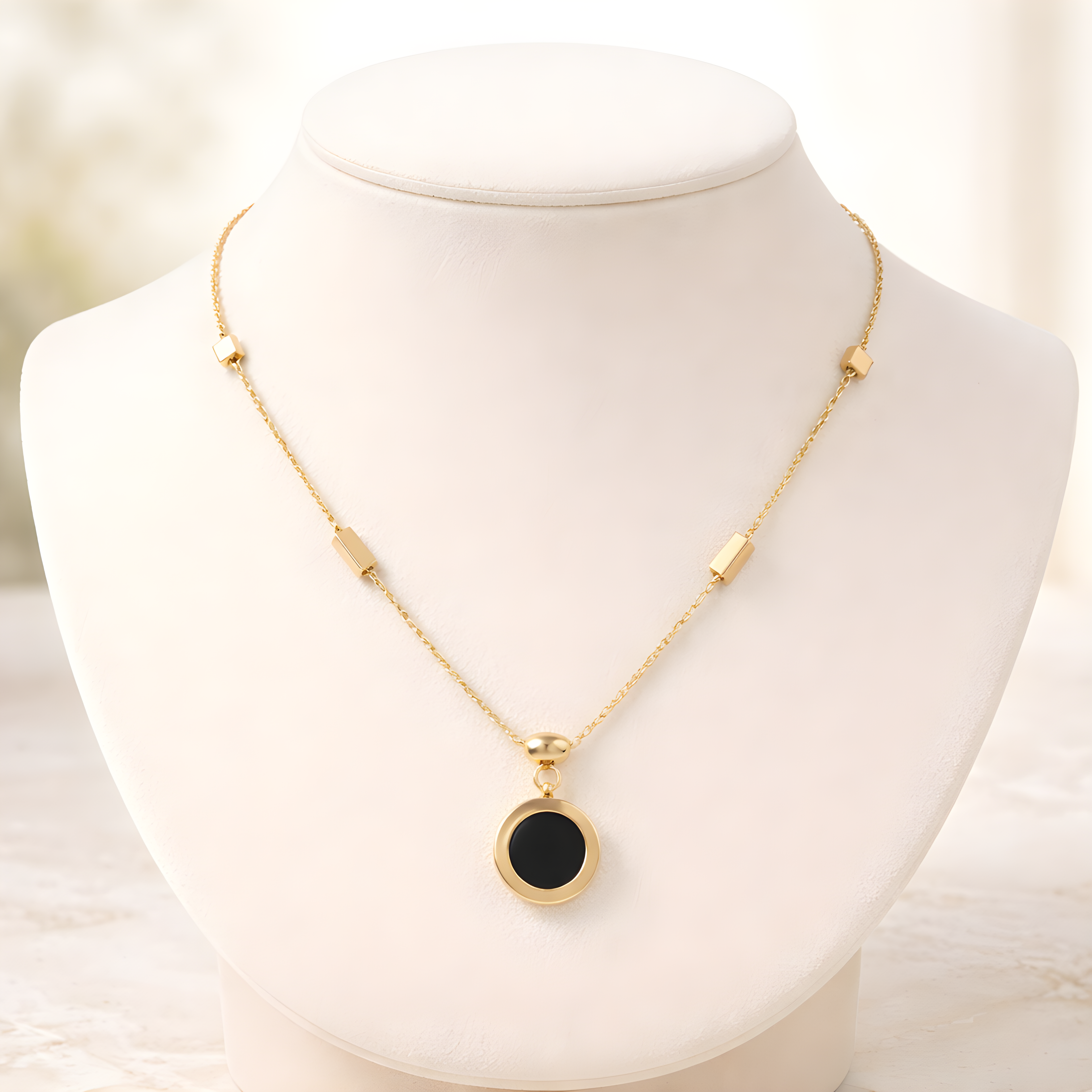 18K Gold-Plated Black Circle Pendant Necklace