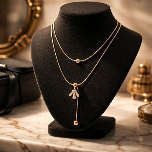 22K Gold Plated Double Layer Floral Drop Necklace – Anti Tarnish Stainless Steel