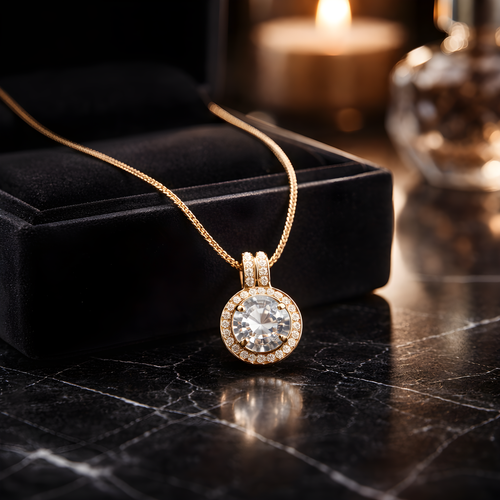 Aarvika CZ Crystal 22K Gold-Plated Crystal Halo Pendant Necklace – side view