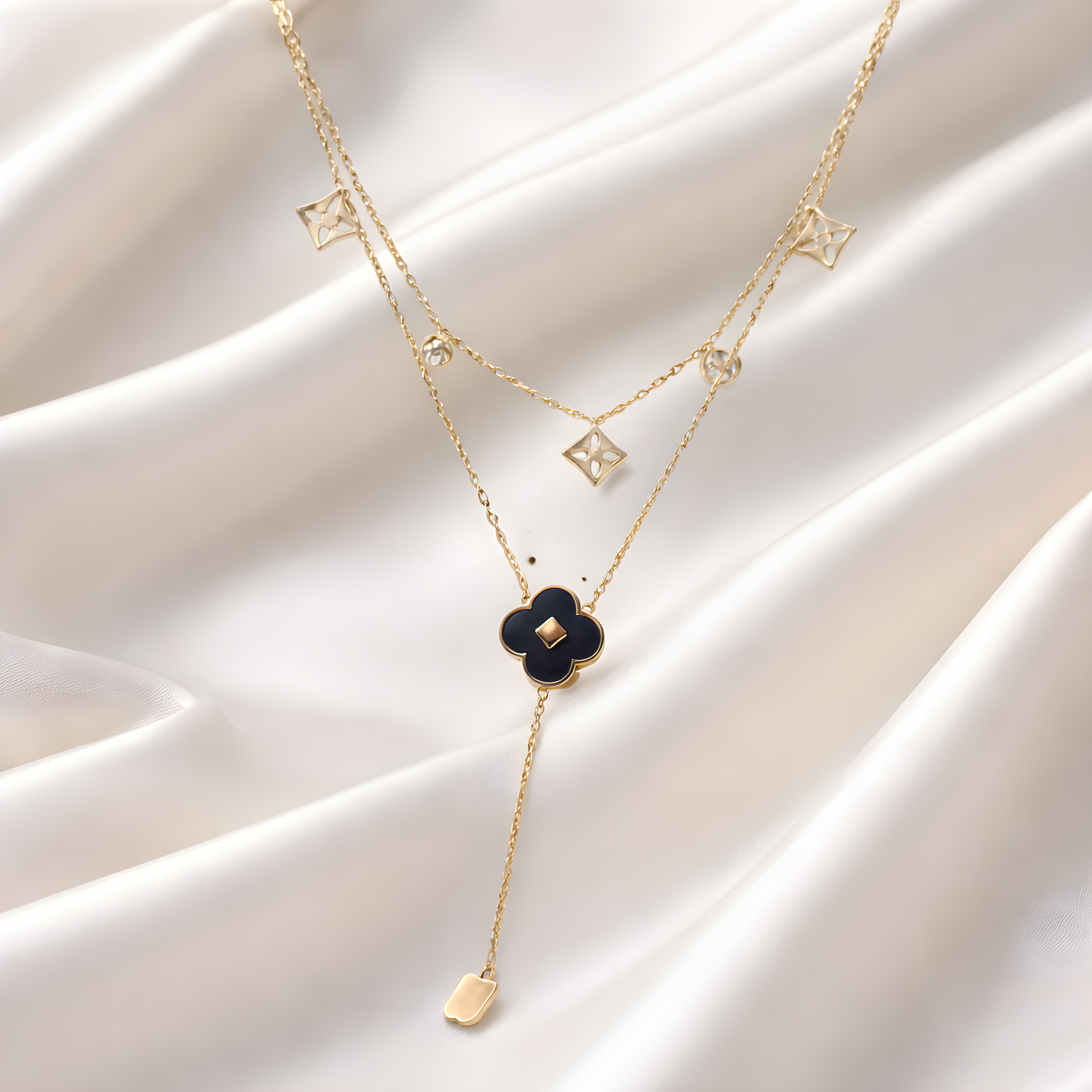 Aarvika 22K Gold-Plated Layered Clover Lariat Necklace – front view
