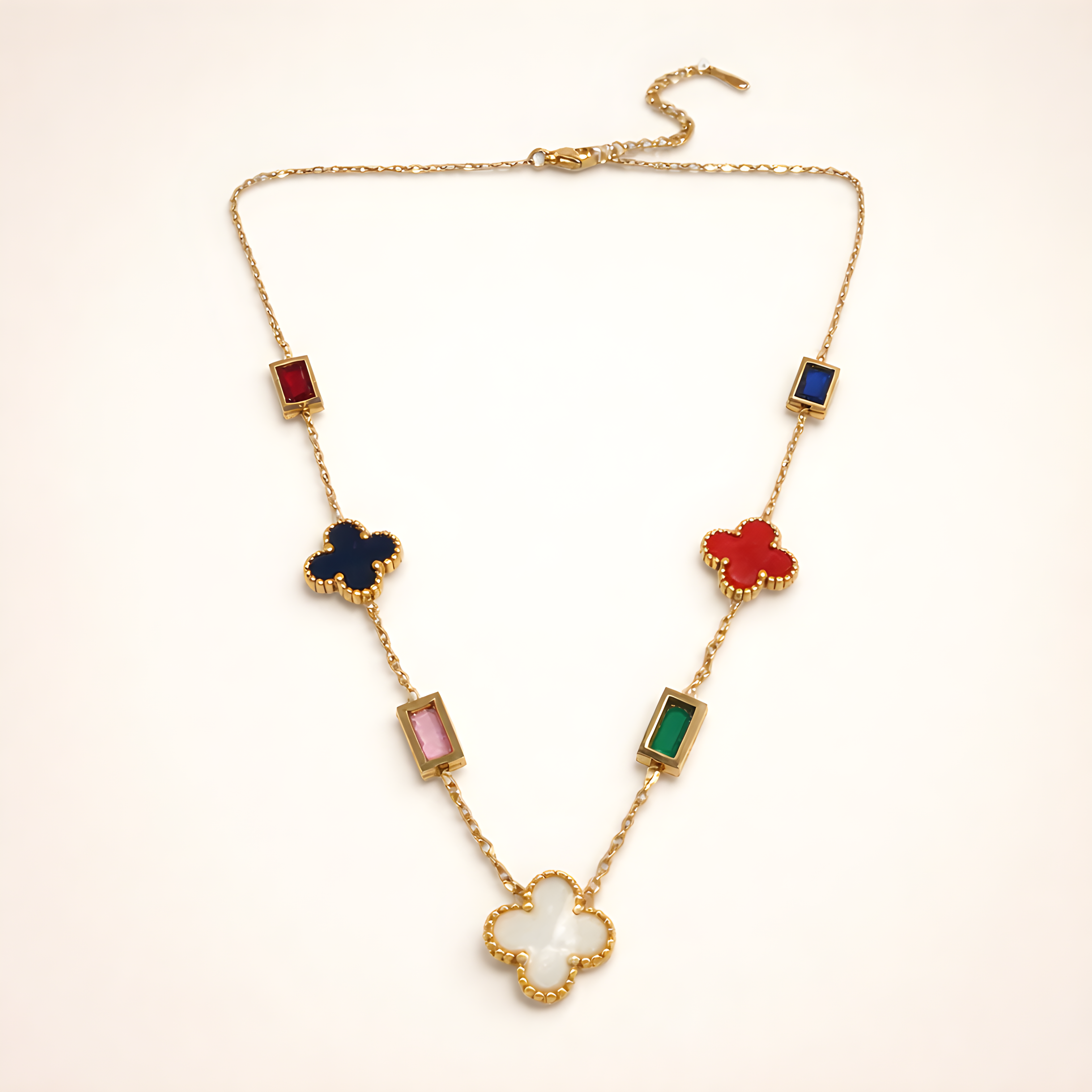 Aarvika 22K Gold-Plated Multicolor Clover Charm Necklace – side view