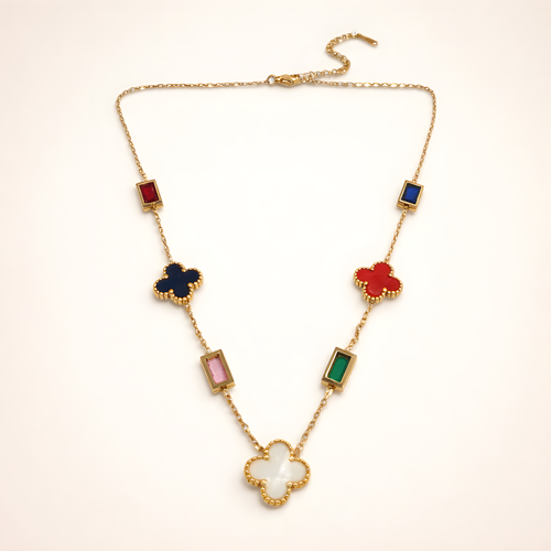Aarvika 22K Gold-Plated Multicolor Clover Charm Necklace – side view