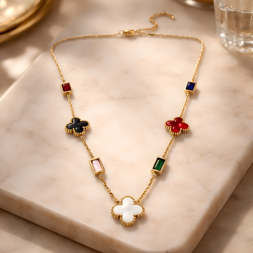 Aarvika 22K Gold-Plated Multicolor Clover Charm Necklace – front view