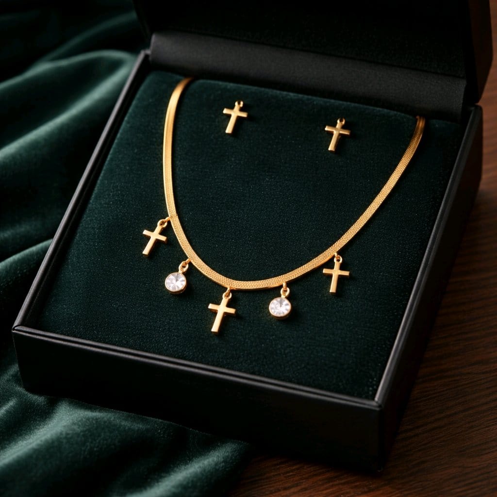 Aarvika Cross Charm Necklace Set – model wearing