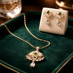Aarvika Emerald Stone 18K Gold-Plated Emerald Floral Pendant Set with Ethnic – full set