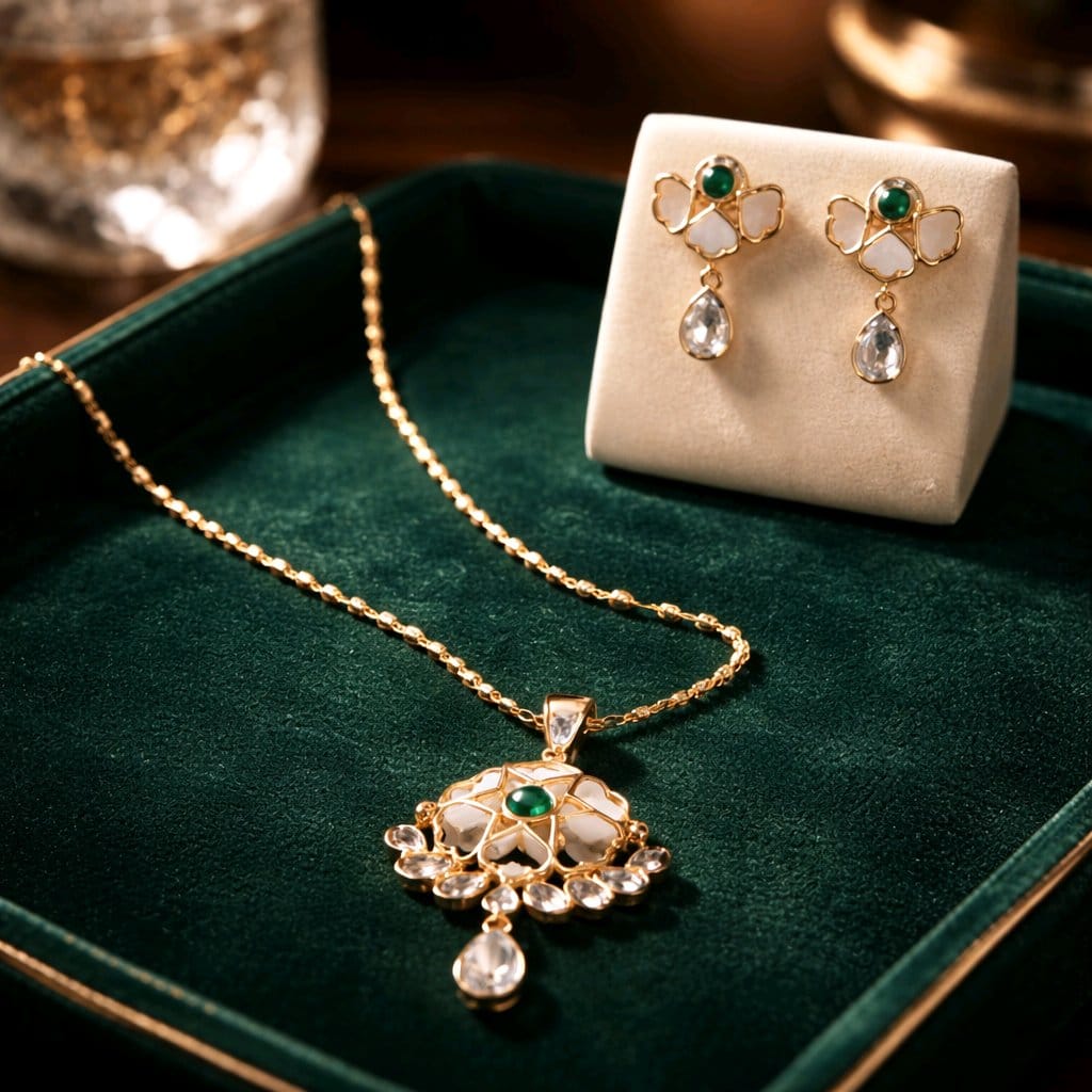 Aarvika Emerald Stone 18K Gold-Plated Emerald Floral Pendant Set with Ethnic – full set