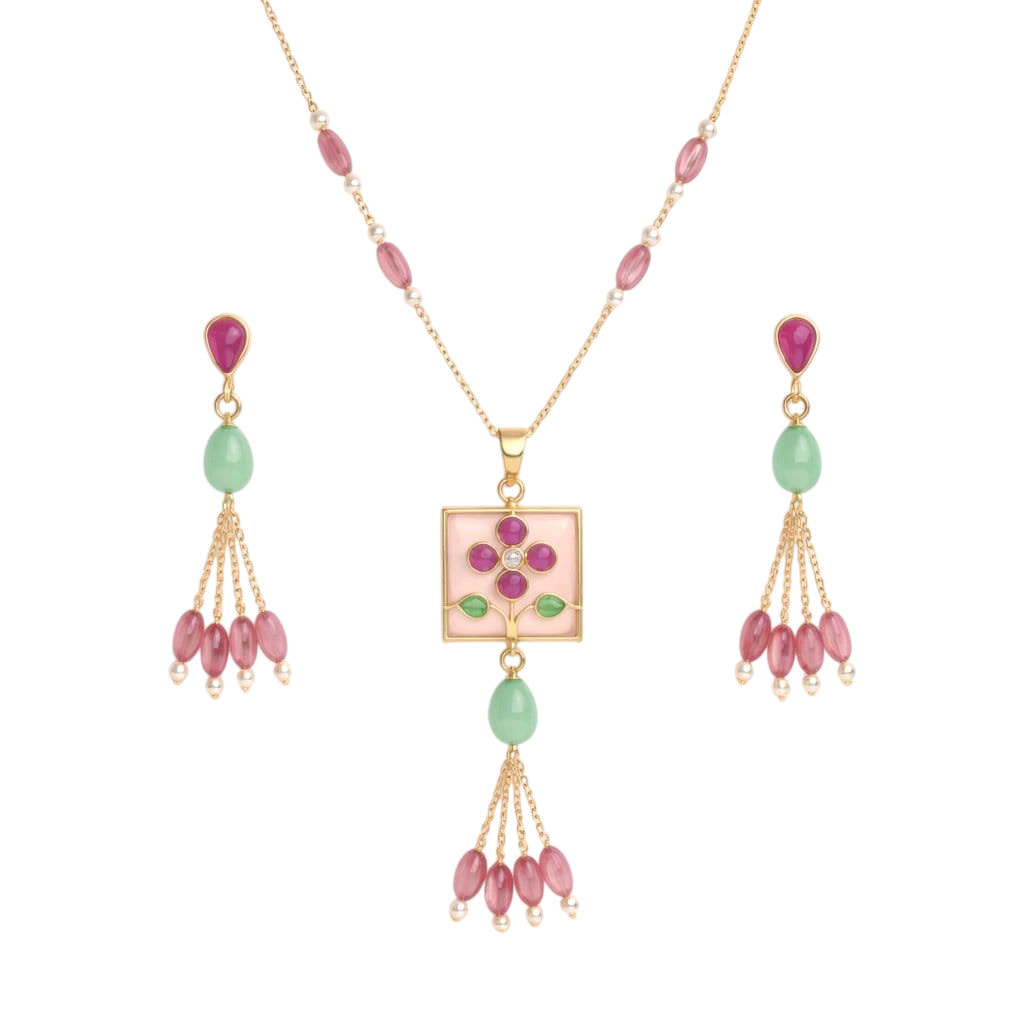 Aarvika Pearl & Multicolor Enamel Tassel Pendant Necklace Set – flat lay