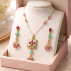 Aarvika Pearl & Multicolor Enamel Tassel Pendant Necklace Set – front view
