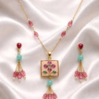 Aarvika Pearl & Multicolor Enamel Tassel Pendant Necklace Set – side view