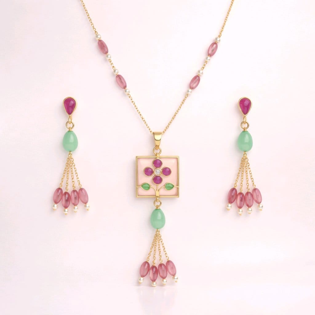 Aarvika Pearl & Multicolor Enamel Tassel Pendant Necklace Set – model wearing