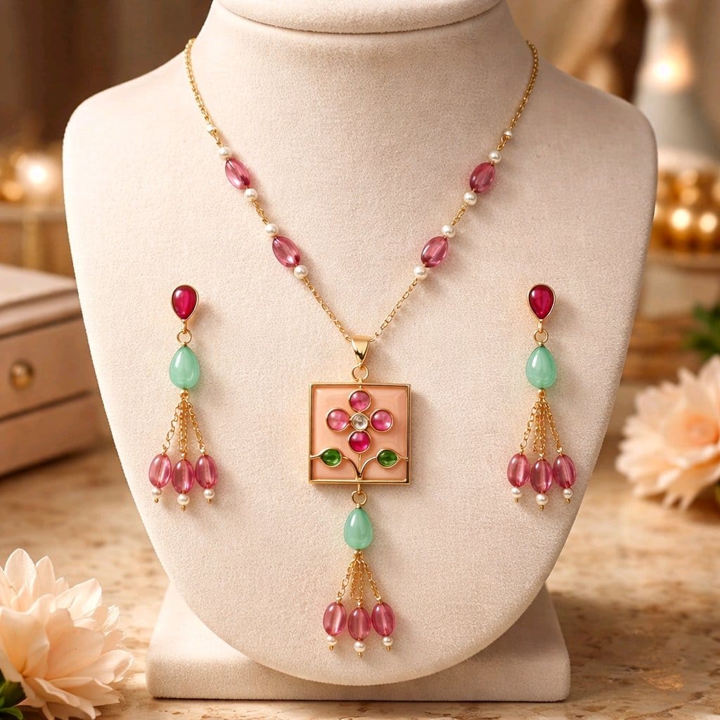 Aarvika Pearl & Multicolor Enamel Tassel Pendant Necklace Set – close-up detail