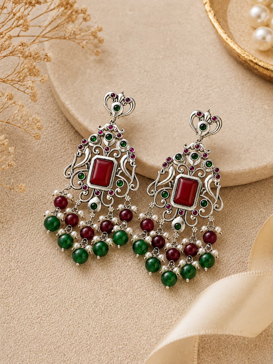 Aarvika Chandrika Silver Replica Statement Dangler Earrings