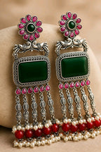 Aarvika Rajsi Silver Replica Statement Dangler Earrings - Emerald & Ruby