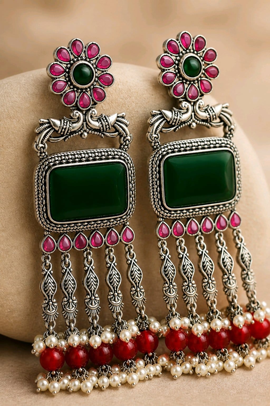 Aarvika Rajsi Silver Replica Statement Dangler Earrings - Emerald & Ruby