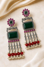 Aarvika Rajsi Silver Replica Statement Dangler Earrings - Emerald & Ruby