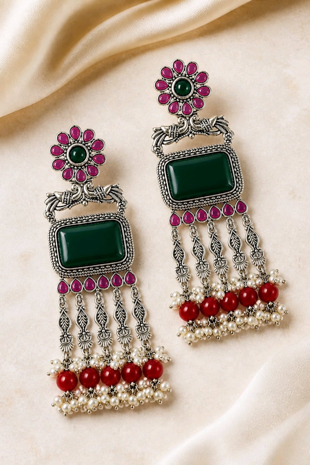 Aarvika Rajsi Silver Replica Statement Dangler Earrings - Emerald & Ruby