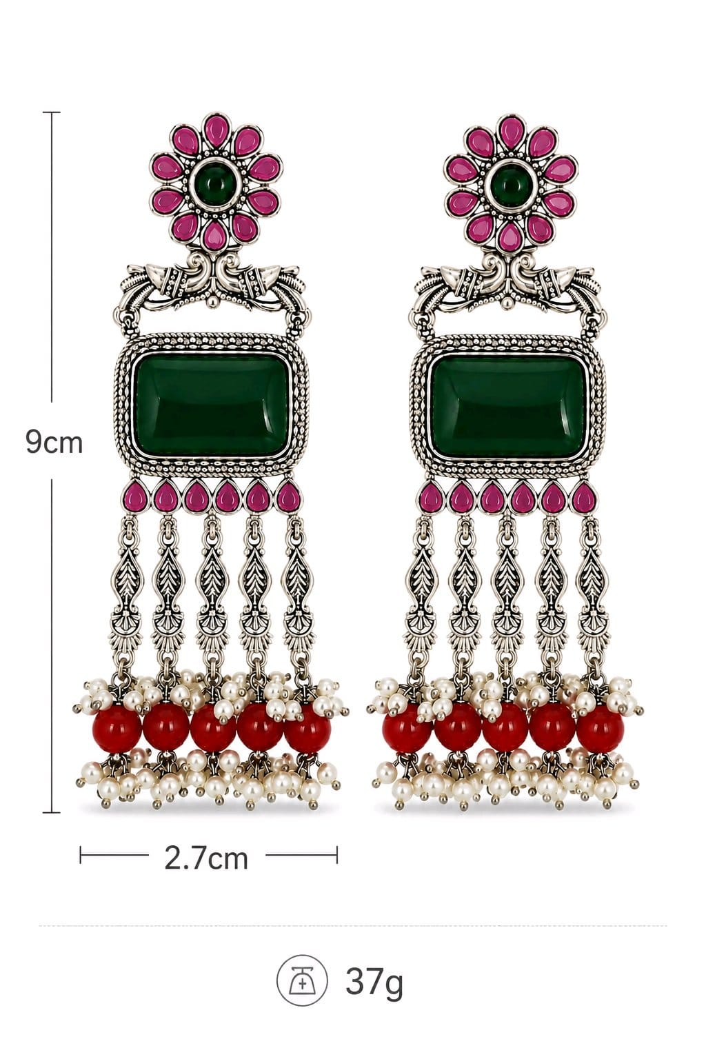 Aarvika Rajsi Silver Replica Statement Dangler Earrings - Emerald & Ruby