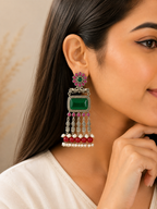 Aarvika Rajsi Silver Replica Statement Dangler Earrings - Emerald & Ruby
