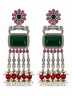 Aarvika Rajsi Silver Replica Statement Dangler Earrings - Emerald & Ruby