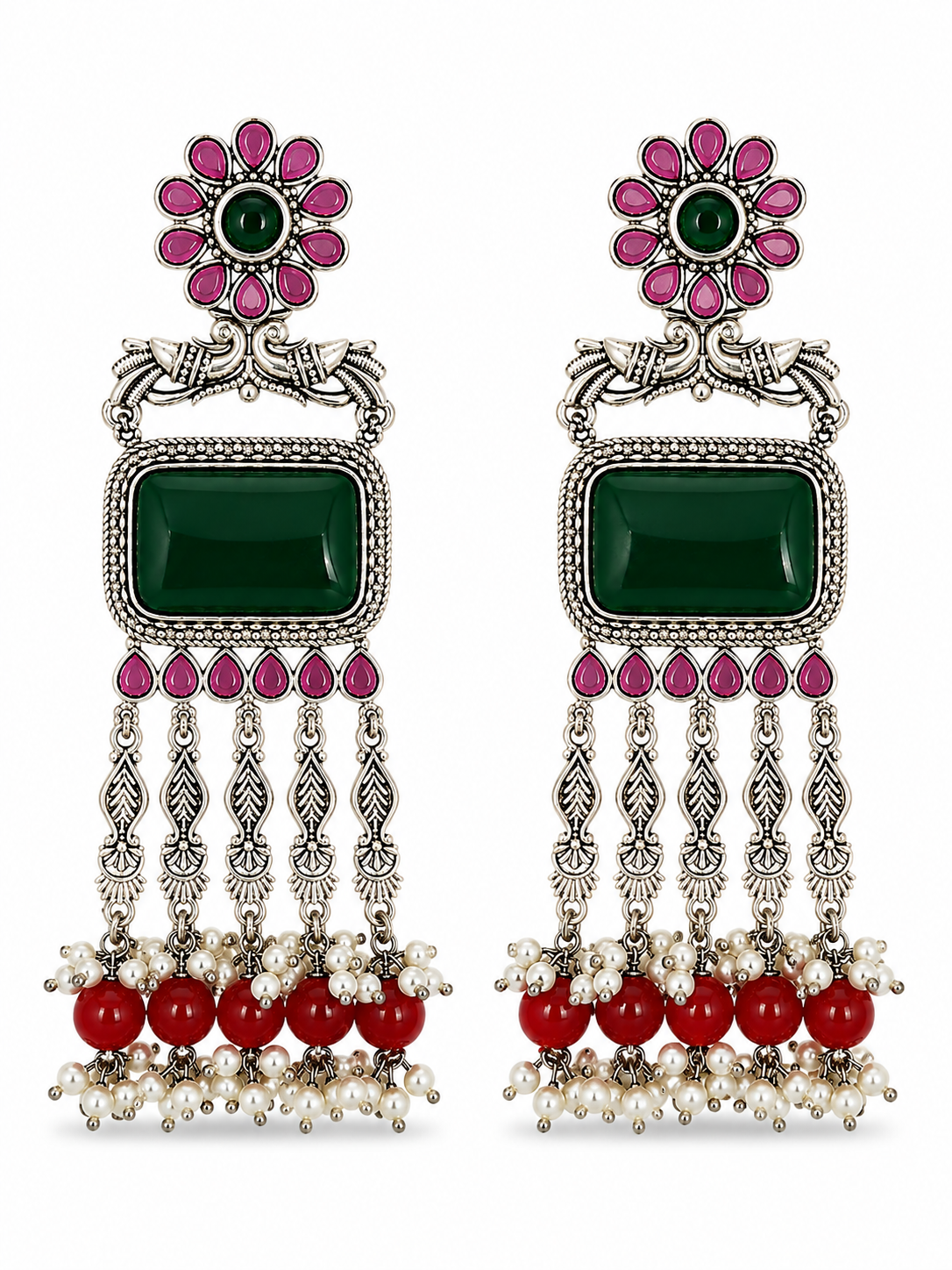 Aarvika Rajsi Silver Replica Statement Dangler Earrings - Emerald & Ruby