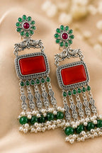 Aarvika Rajsi Silver Replica Statement Dangler Earrings - Red & Emerald