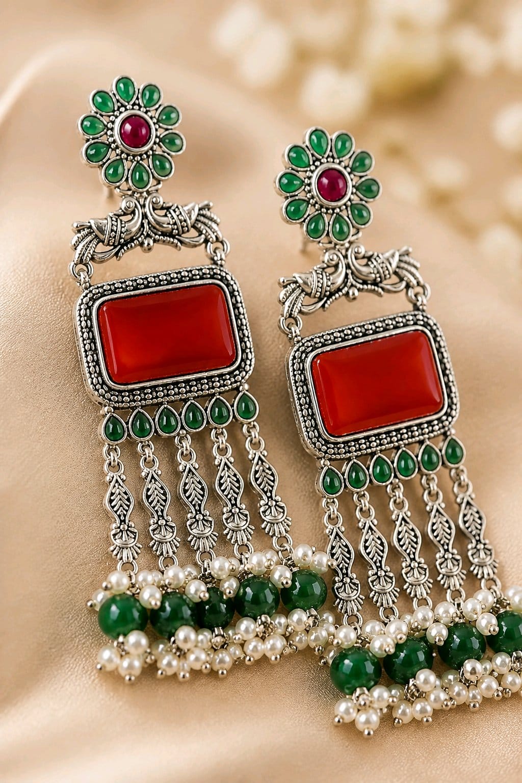 Aarvika Rajsi Silver Replica Statement Dangler Earrings - Red & Emerald