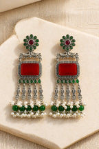 Aarvika Rajsi Silver Replica Statement Dangler Earrings - Red & Emerald