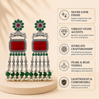 Aarvika Rajsi Silver Replica Statement Dangler Earrings - Red & Emerald