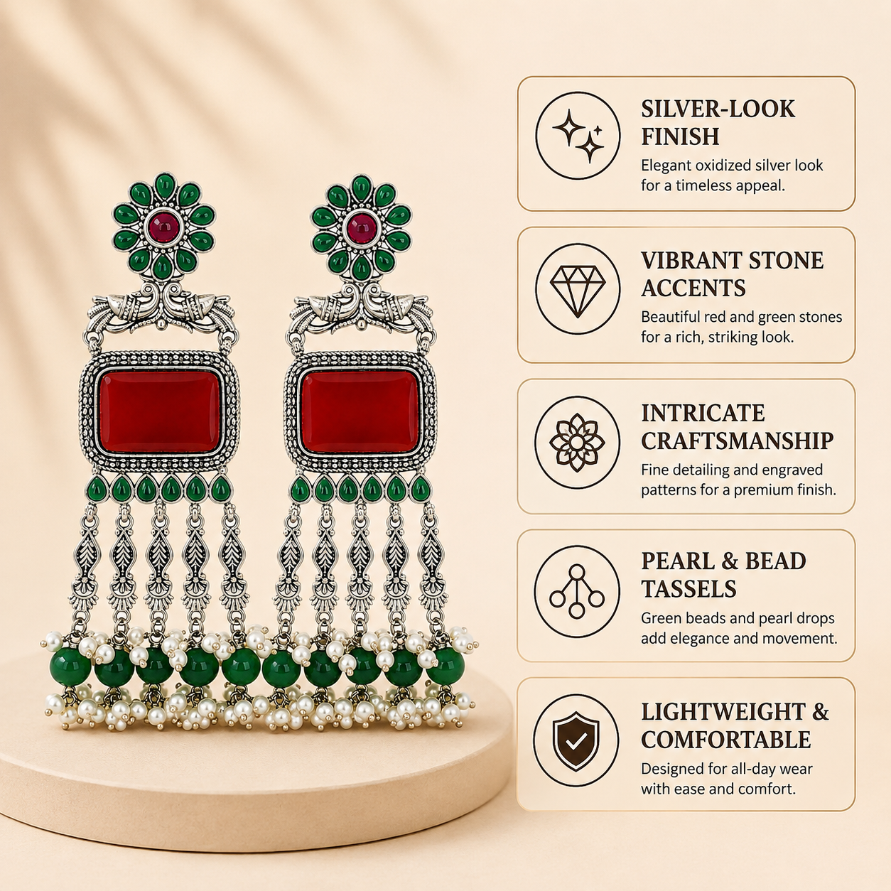 Aarvika Rajsi Silver Replica Statement Dangler Earrings - Red & Emerald